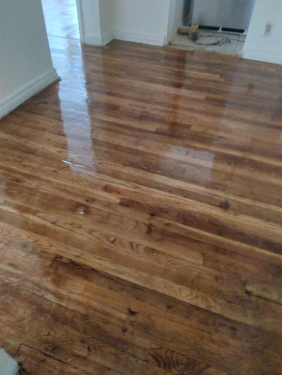 Refinished hardwood floor across a room threshold